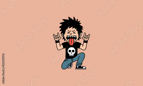 Cartoon rocker showing tongue, wearing skull shirt.