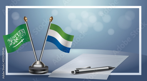 Saudi Arabia and Sierra Leone Small national flag on bokeh background, cooperative relationship