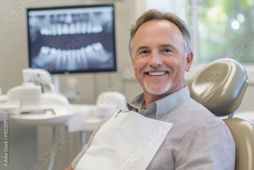 Smiling man sitting in dental office after treatment.