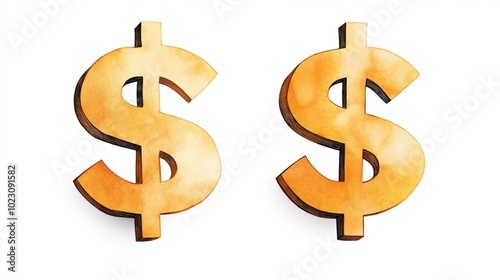 Illustration of two large 3D golden dollar signs with a stylized, artistic design on a white background.