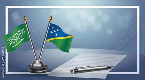 Saudi Arabia and Solomon Islands Small national flag on bokeh background, cooperative relationship