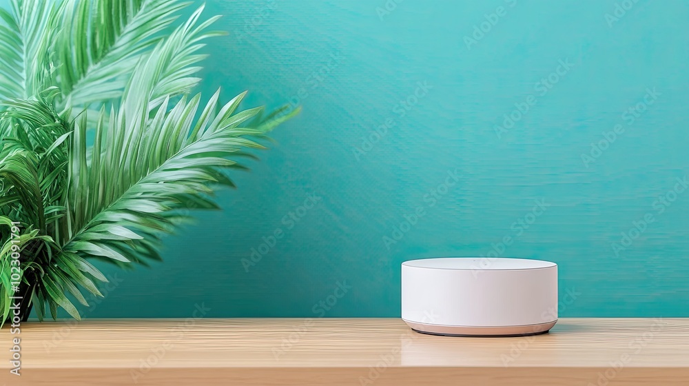 A modern smart speaker on a wooden table with a green plant against a turquoise wall, showcasing contemporary interior design. A modern smart speaker on a wooden table with a green plant against a turquoise wall, showcasing contemporary interior design.