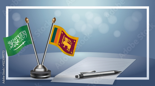 Saudi Arabia and Sri Lanka Small national flag on bokeh background, cooperative relationship