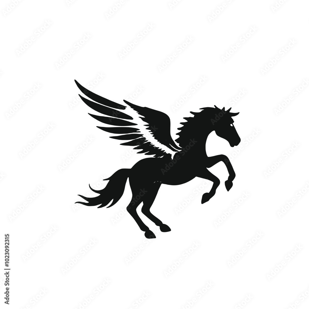 A black silhouette of a winged horse, or Pegasus, with its wings spread out and its head raised in a majestic pose A black silhouette of a winged horse, or Pegasus, with its wings spread out and its head raised in a majestic pose