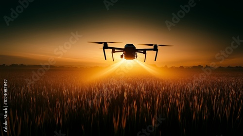 A drone hovers over golden fields at sunset, spraying crops in a serene agricultural landscape, showcasing modern farming technology.