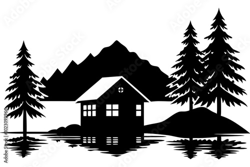 Finnish Lake Cabin Silhouette Vector Illustration