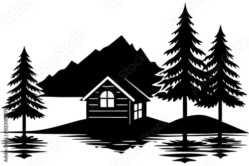 Finnish Lake Cabin Silhouette Vector Illustration