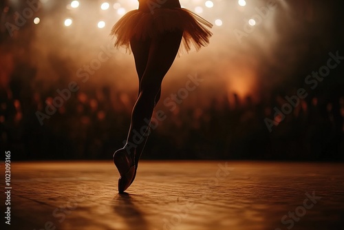 Ballet Dancer Performing Gracefully on Stage With Spotlight Illuminating the Elegant Pose During an Evening Performance photo