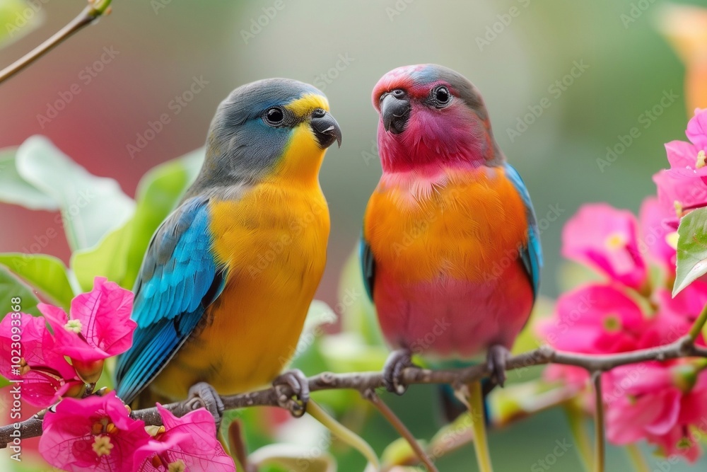 Two bright and colorful birds are perched on a branch, surrounded by beautiful pink flowers in a lush setting Two bright and colorful birds are perched on a branch, surrounded by beautiful pink flowers in a lush setting