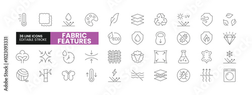 Set of 36 Fabric Features line icons set. Fabric Features outline icons with editable stroke collection. Includes Textile, Wool, Membrane, UV Protection, Cotton, and More.