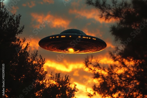 Unidentified flying object hovering in sky at sunset