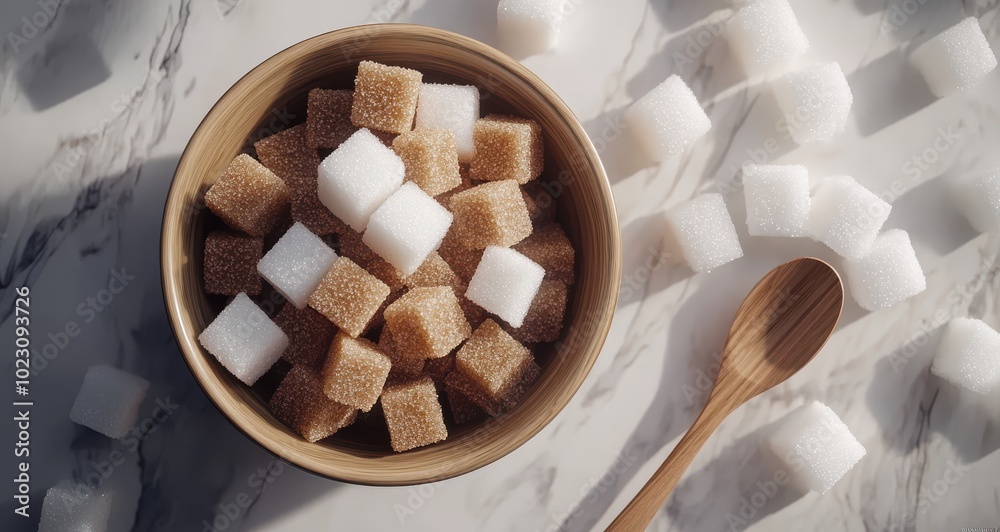 White and brown sugar cubes in a bowl and scattered on a marble surface next to a wooden spoon. White and brown sugar cubes in a bowl and scattered on a marble surface next to a wooden spoon.