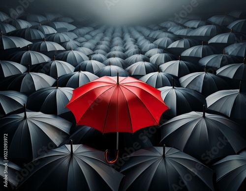 Open Red Umbrella: A brightly colored red umbrella stands out boldly against a backdrop of black umbrellas, representing uniqueness and making a statement