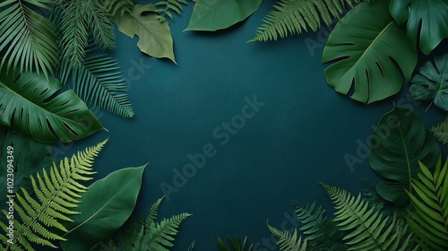 Flat lay of various tropical and fern leaves arranged on a dark green background, showcasing different shades and textures of green foliage.