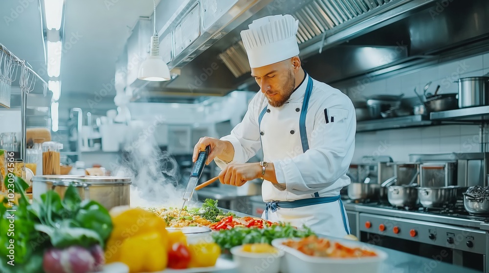 Professional chef preparing a colorful dish in a bustling kitchen, showcasing culinary skills and fresh ingredients. Professional chef preparing a colorful dish in a bustling kitchen, showcasing culinary skills and fresh ingredients.