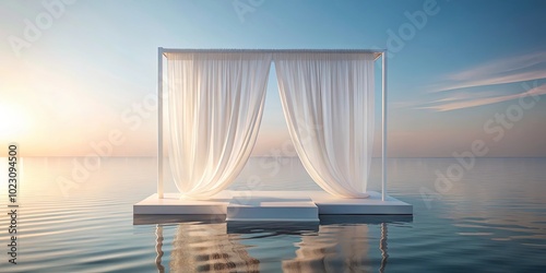 A white structure with flowing curtains extending from a platform in the middle of the ocean during sunrise