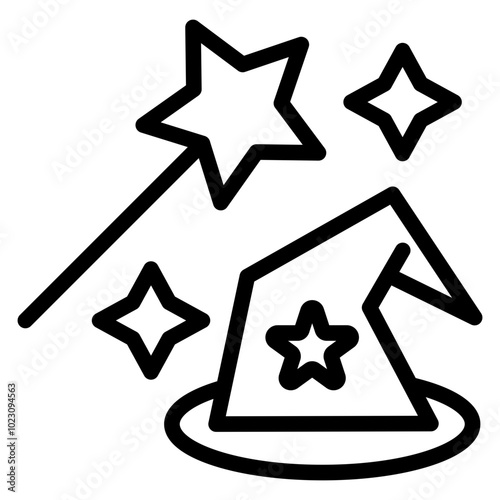 Wizard's Hat and Wand Vector Design Icon Style