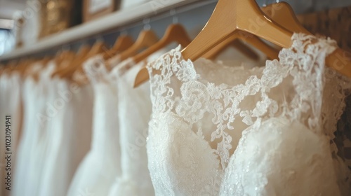 Lace wedding dress on a hanger. A close-up shot of a delicate lace wedding dress hanging on a wooden hanger, perfect for wedding or bridal-related content.