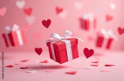 Gift pink boxes wrapped with ribbons floating in the air over Valentine's day light pink background with blurred bokeh hearts.