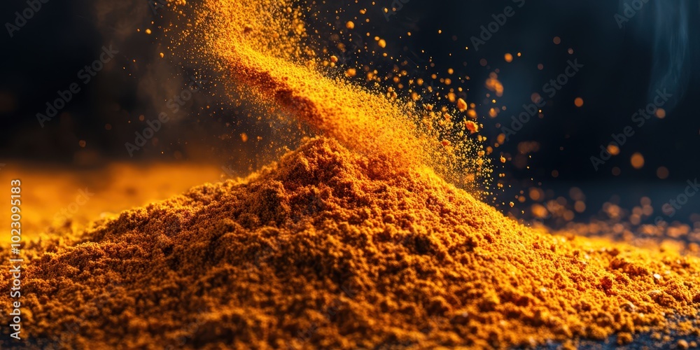 Vibrant orange spice powder rising in the air, showcasing a dynamic and flavorful culinary element for creative food designs. Vibrant orange spice powder rising in the air, showcasing a dynamic and flavorful culinary element for creative food designs.