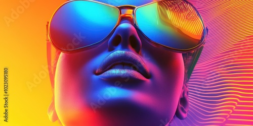 Vibrant portrait of a female mannequin wearing stylish sunglasses against a colorful abstract background, showcasing modern art and fashion.