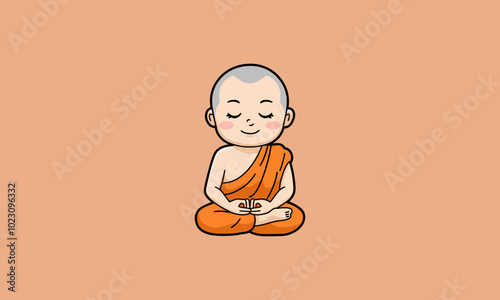 Cartoon monk meditating in orange robes with eyes closed.