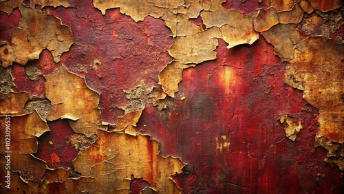 A tapestry of peeling paint, revealing layers of time and weathering, a faded crimson bleeds through the golden cracks.