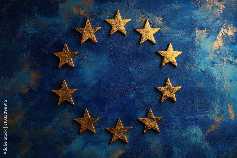 A circle of golden stars on a blue background. This artistic design symbolizes unity and strength. The style is modern and minimalistic. Generative AI A circle of golden stars on a blue background. This artistic design symbolizes unity and strength. The style is modern and minimalistic. Generative AI