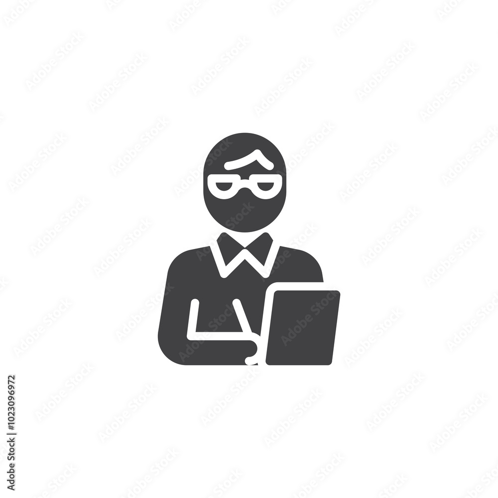 Person with glasses holding a clipboard vector icon Person with glasses holding a clipboard vector icon