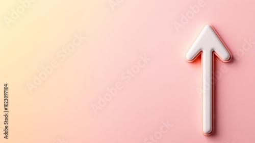 White three-dimensional arrow pointing upwards on a soft pink gradient background, symbolizing direction or growth.