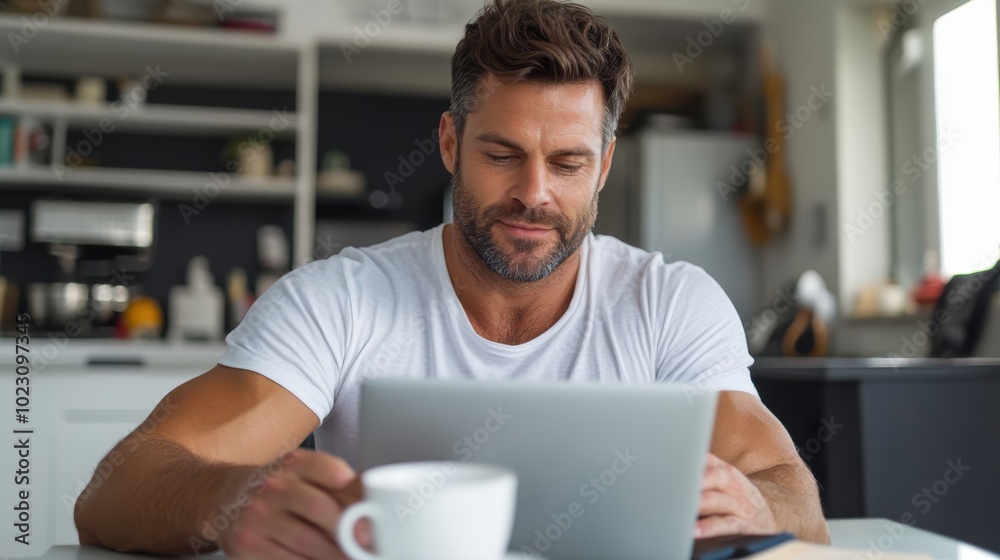 A man with a stylish beard sits in a contemporary kitchen, engrossed in work on his sleek laptop, representing productivity and the modern work lifestyle. A man with a stylish beard sits in a contemporary kitchen, engrossed in work on his sleek laptop, representing productivity and the modern work lifestyle.
