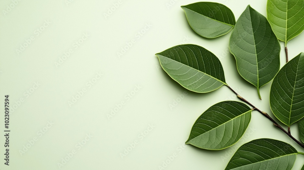 Green leaves with visible veins arranged on a light green background, creating a natural and minimalist design with open space Green leaves with visible veins arranged on a light green background, creating a natural and minimalist design with open space