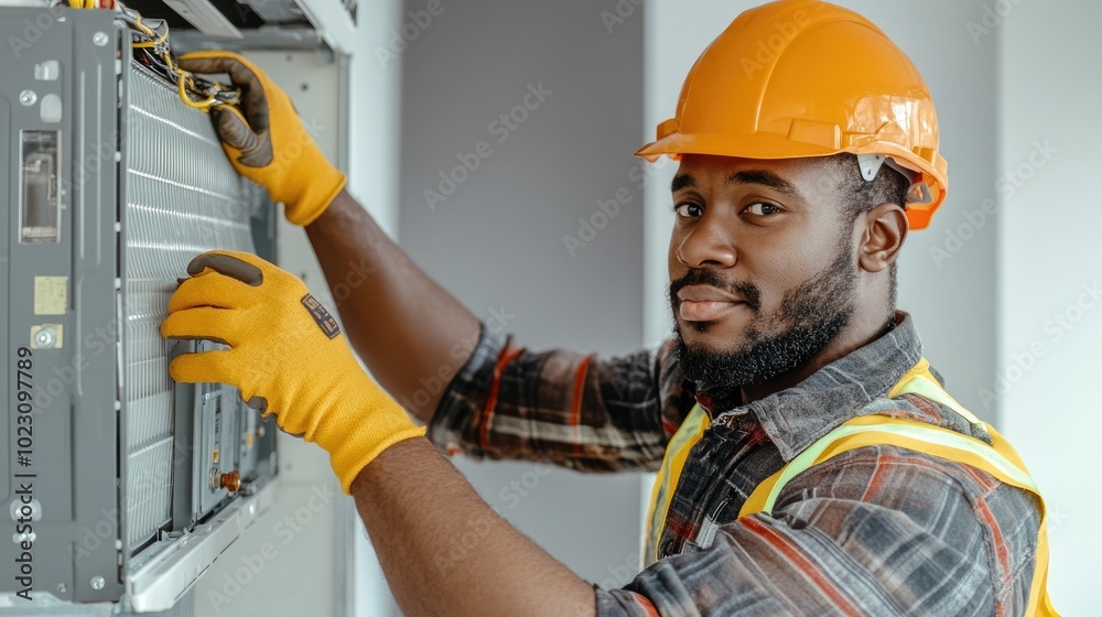 A skilled technician wearing an orange helmet and gloves works on electrical equipment in a modern setting. A skilled technician wearing an orange helmet and gloves works on electrical equipment in a modern setting.