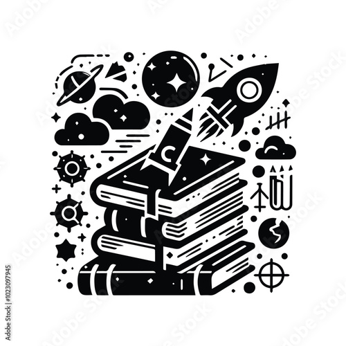 A black and white illustration depicting a book with a plant emerging from its pages, symbolizing growth and knowledge.