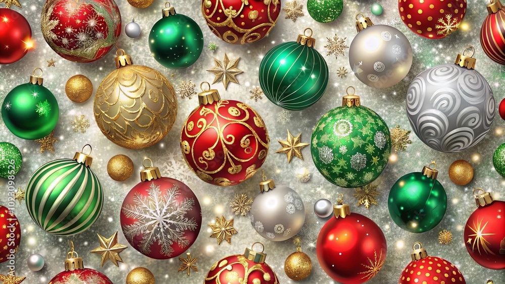 A Festive Symphony of Ornamented Christmas Baubles, Embellished with Glitter, and Enchanting Golden Stars, on a Frosted Background A Festive Symphony of Ornamented Christmas Baubles, Embellished with Glitter, and Enchanting Golden Stars, on a Frosted Background