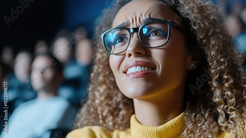 A woman with curly hair and glasses exhibits an anxious expression while sitting in a theater, highlighting the emotional tension of watching a gripping scene. photo