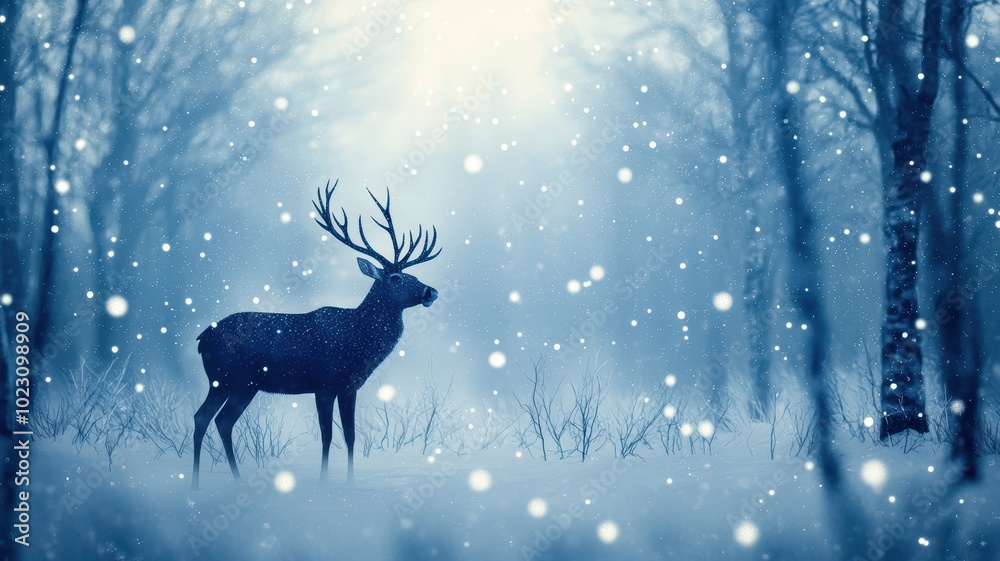 A serene winter scene featuring a deer standing amidst softly falling snow in a tranquil, snowy forest. A serene winter scene featuring a deer standing amidst softly falling snow in a tranquil, snowy forest.