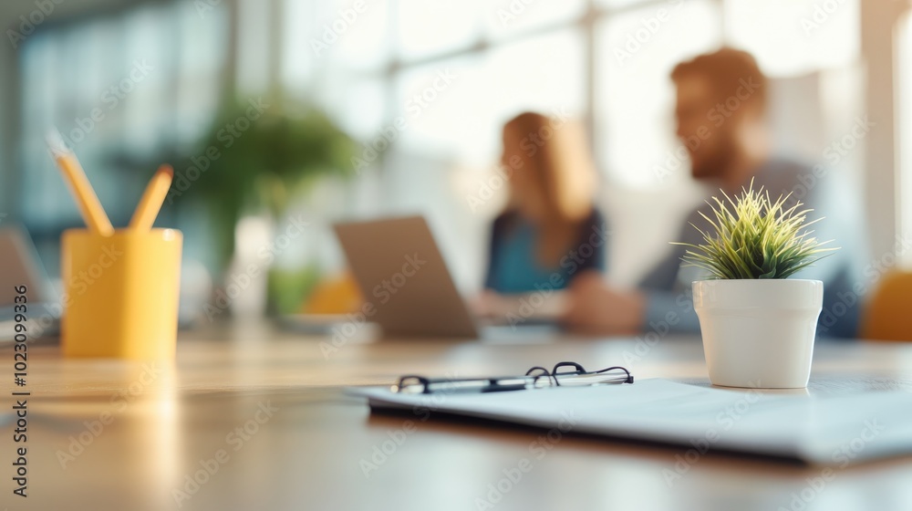 A small green plant decorates a table where two colleagues engage in conversation while using laptops, demonstrating a collaborative and vibrant office setting. A small green plant decorates a table where two colleagues engage in conversation while using laptops, demonstrating a collaborative and vibrant office setting.