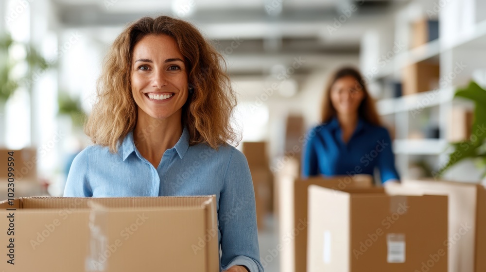 A cheerful woman with wavy hair smiles while carrying a cardboard box in a bright, modern office setting, exuding confidence and enthusiasm in her task. A cheerful woman with wavy hair smiles while carrying a cardboard box in a bright, modern office setting, exuding confidence and enthusiasm in her task.