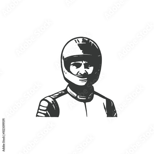 A close-up portrait of a 35-year-old Caucasian male wearing a black racing helmet, vector silhouette  photo