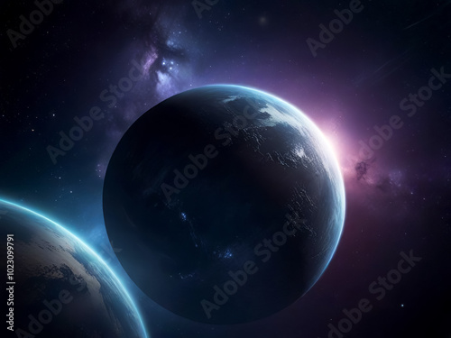 Mysterious Planet in Deep Space with Starry Background and Cosmic Glow photo