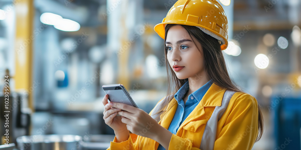 A woman in a yellow safety helmet is looking at her cell phone. She is wearing a yellow jacket and she is in a factory setting A woman in a yellow safety helmet is looking at her cell phone. She is wearing a yellow jacket and she is in a factory setting