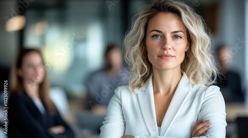 Wallpaper Mural An elegant woman in a white outfit stands confidently, exuding authority in a blurred group setting, highlighting her leadership and modern business acumen. Torontodigital.ca