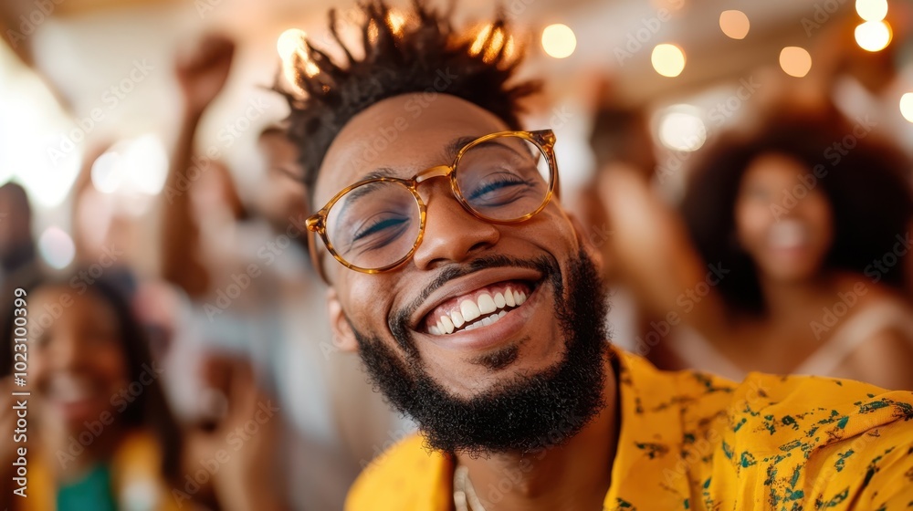 A close-up shot of a smiling man with a beard and glasses in a vibrant celebration, surrounded by a cheering group of friends, reflecting pure happiness and unity. A close-up shot of a smiling man with a beard and glasses in a vibrant celebration, surrounded by a cheering group of friends, reflecting pure happiness and unity.
