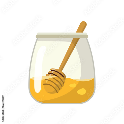 A glass jar with honey and dipper spoon. Cartoon vector illustration. Isolated on white background.