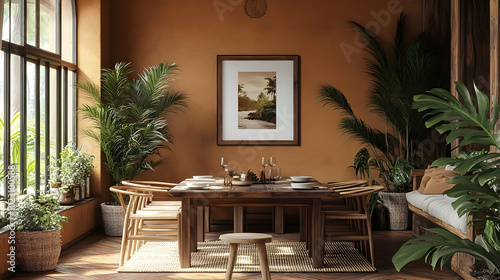 Cozy dining area with wooden furniture and indoor plants.