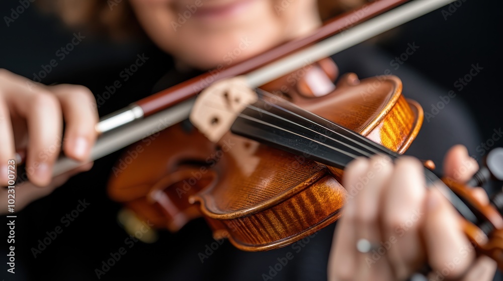 A detailed close-up of hands skillfully playing a wooden violin, emphasizing the artistry of the musician and the craftsmanship of the instrument itself.