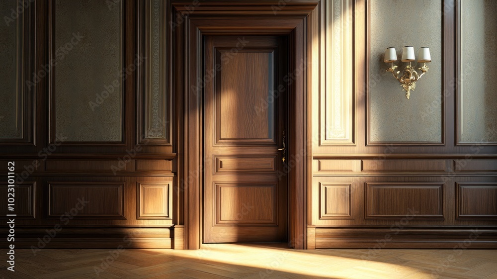 Φωτογραφία Well-lit, elegant wooden door in classic interior room with wall sconces