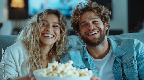 A cheerful couple shares a hearty laugh over a bowl of popcorn, sitting comfortably in their stylish living room, exuding friendship and vibrancy, with warm lighting enhancing the scene.