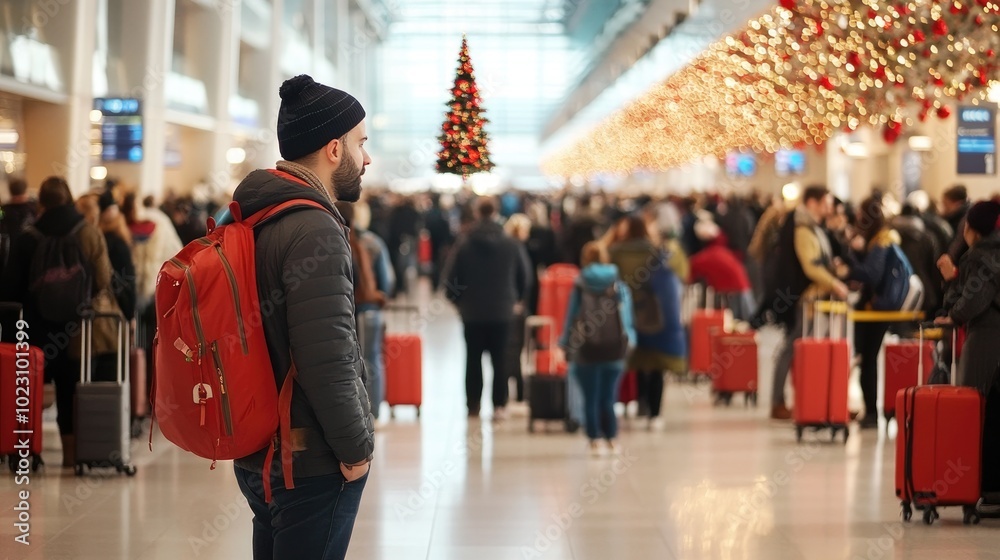 A traveler stands in a busy airport terminal, surrounded by festive decorations and fellow passengers during the holiday season. A traveler stands in a busy airport terminal, surrounded by festive decorations and fellow passengers during the holiday season.